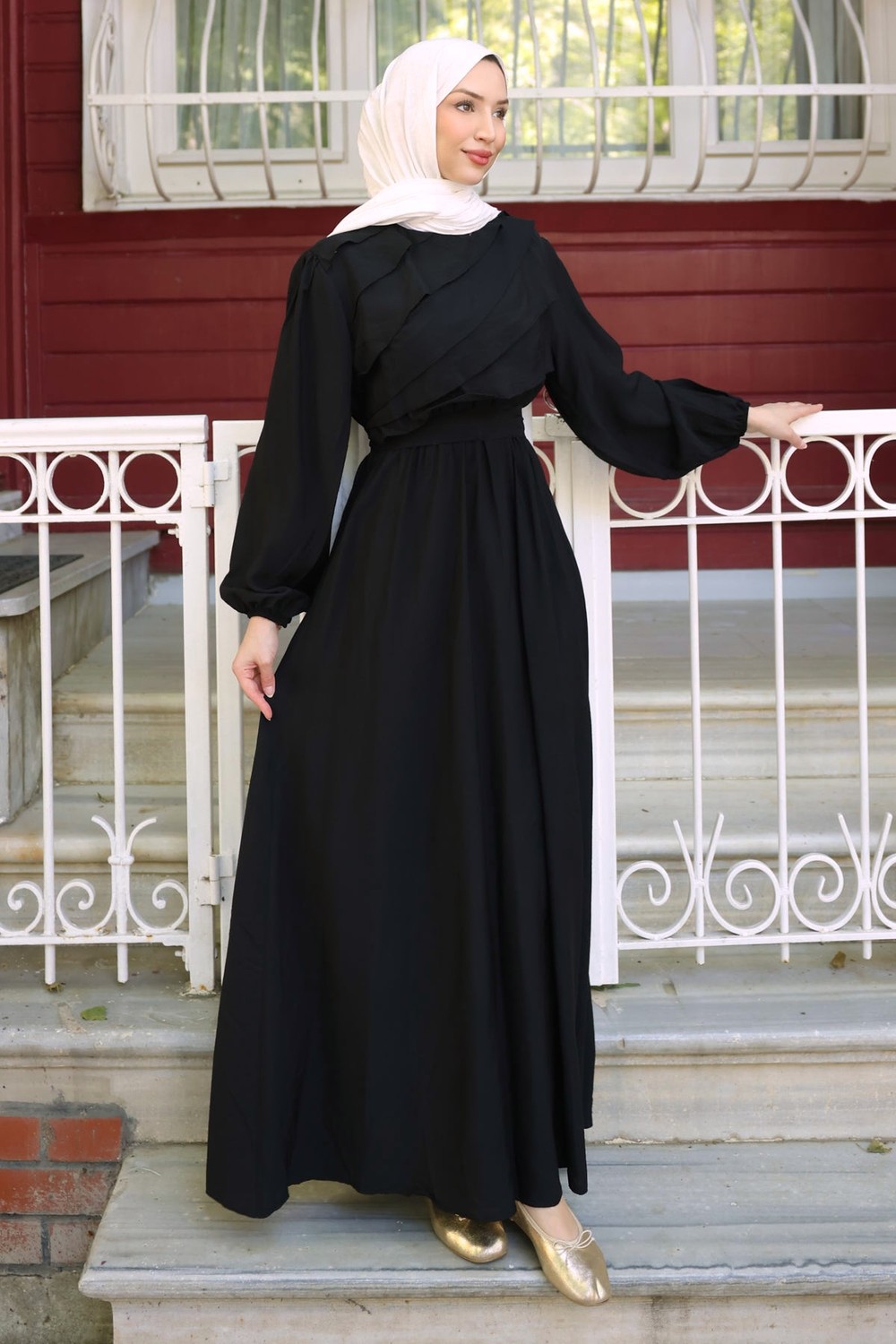 İmaj Butik Olive Fırfır Katlı Bel Lastikli Elbise görsel 6