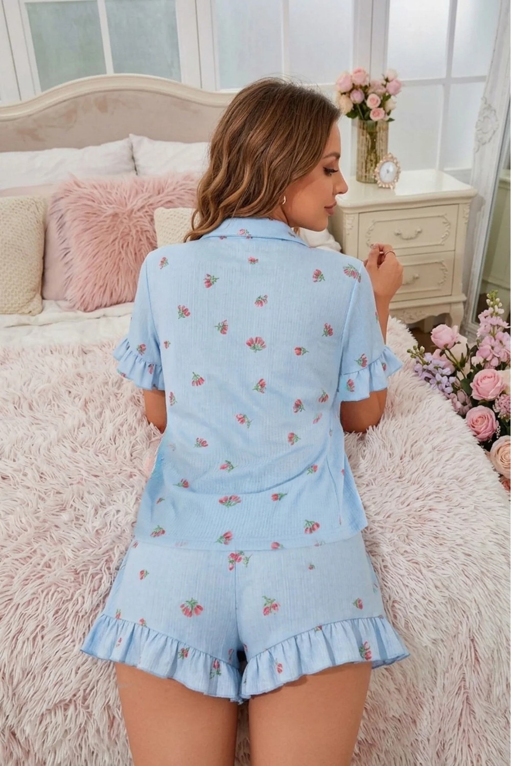 Bella Notte Çiçek Baskılı Fırfırlı Pijama Takımı görsel 8