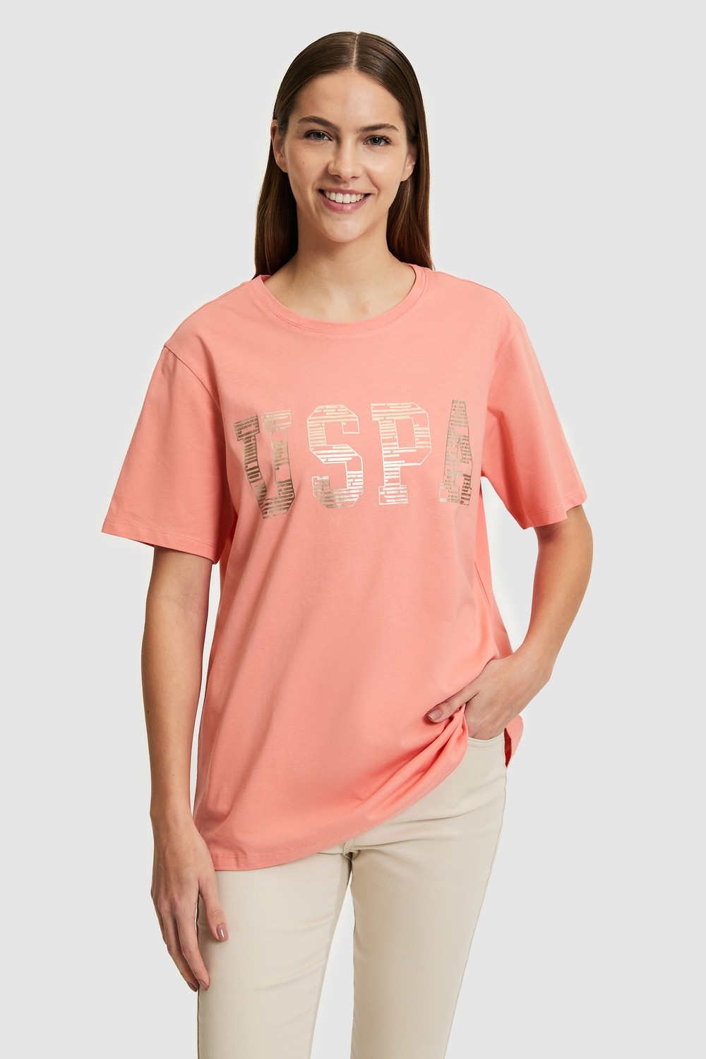 U.S. Polo Assn. Kadın Somon Bisiklet Yaka Basic Tişört 50321690-VR204 görsel 3