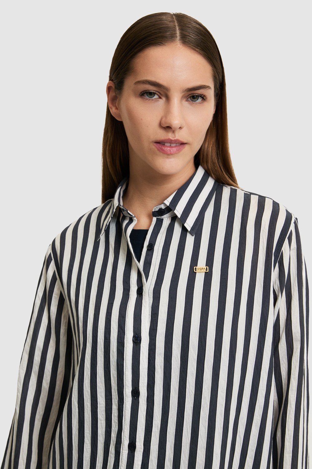 U.S. Polo Assn. Kadın Lacivert Uzun Kollu Çizgili Gömlek 50324736-VR033 görsel 2
