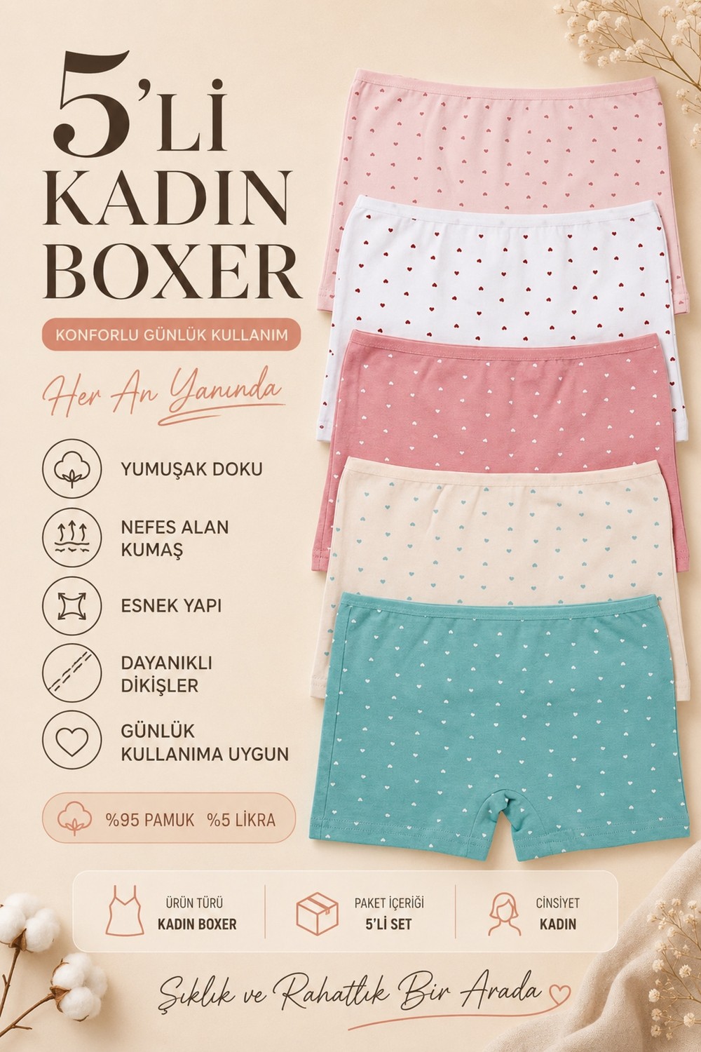 Nicoletta Kadın Boxer Külot 5 Li Paket Pamuklu Likralı Kalpli