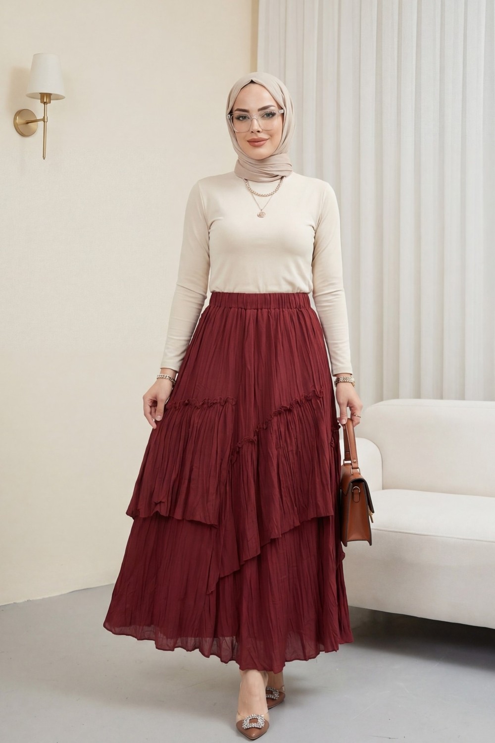 Moda Morfo Beli Lastikli Keten Vual Katlı Etek -Bordo görsel 8