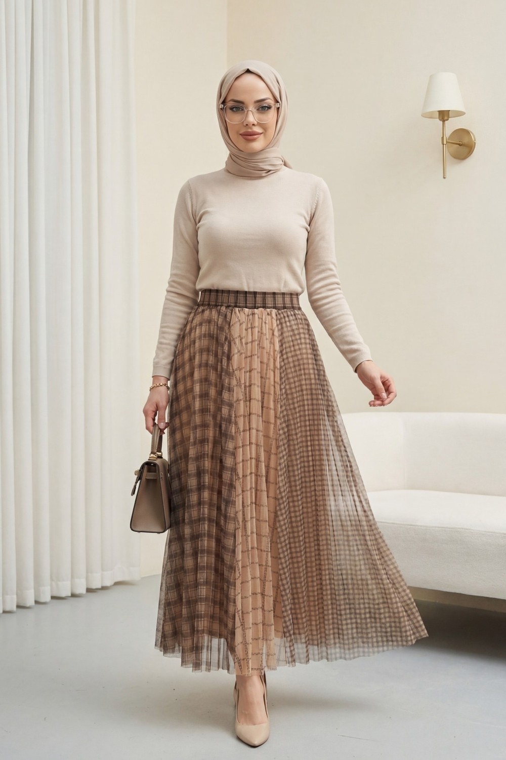 Moda Morfo Kare Desen Beli Lastikli Astarlı Tül Etek -Siyah görsel 8