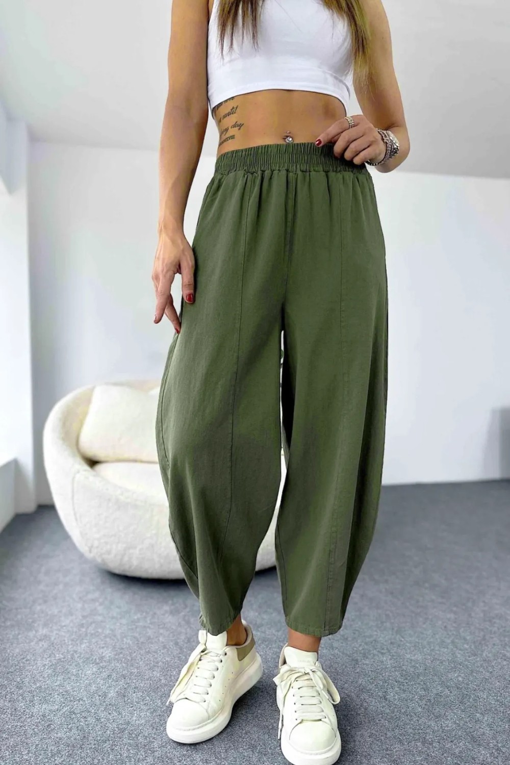 Nana & Mayka Moda Die&More Kadın Haki Şalvar Pantolon Salaş Dört Mevsim Rahat Pamuk Lastikli Bel Günlük Model Gabardin