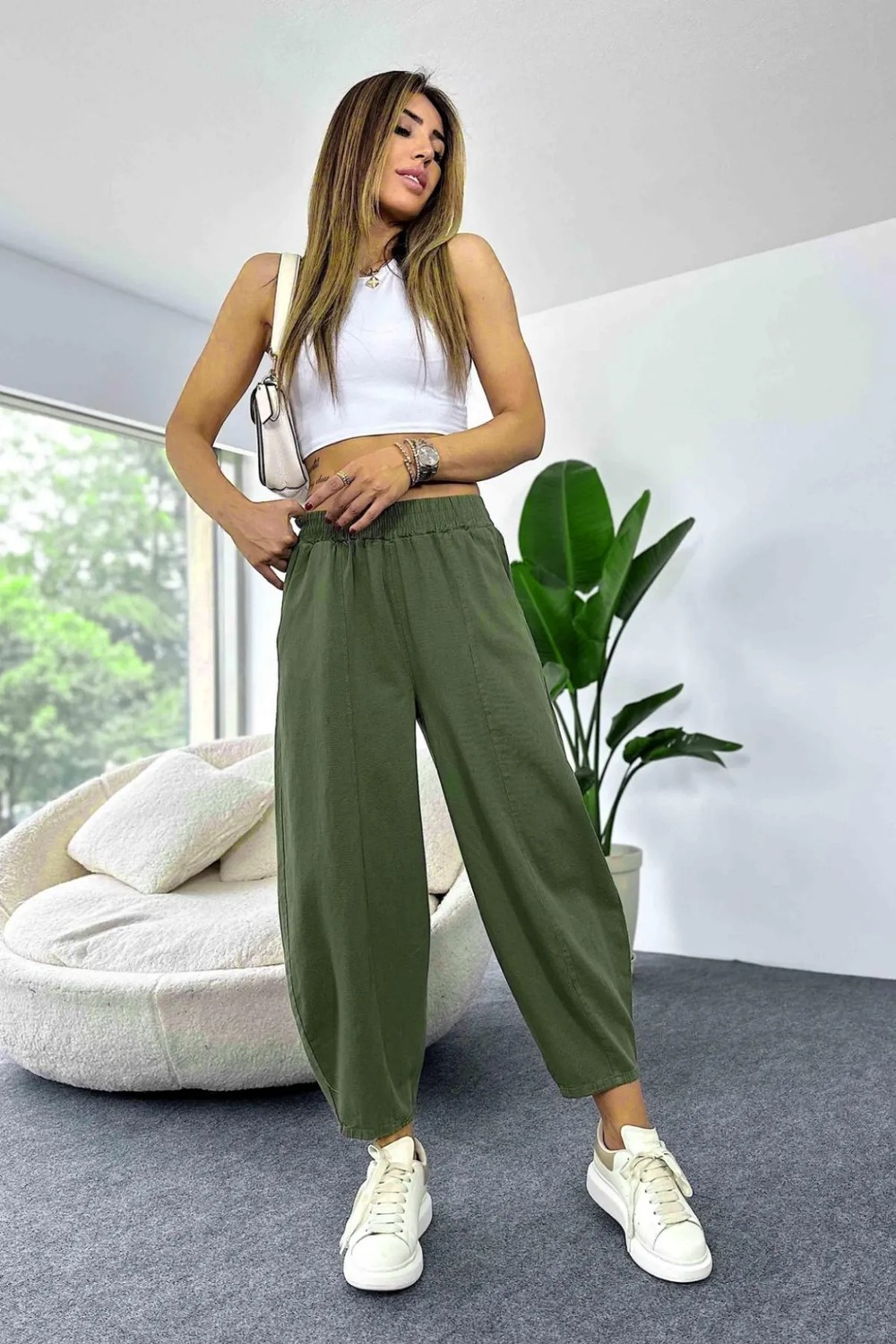 Nana & Mayka Moda Die&More Kadın Haki Şalvar Pantolon Salaş Dört Mevsim Rahat Pamuk Lastikli Bel Günlük Model Gabardin görsel 2