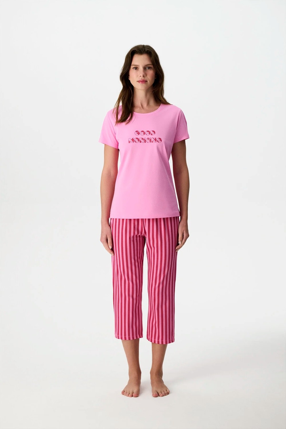 Penti Pembe Ent Morning Kapri Çizgili Kısa Kollu Pijama Takımı görsel 5