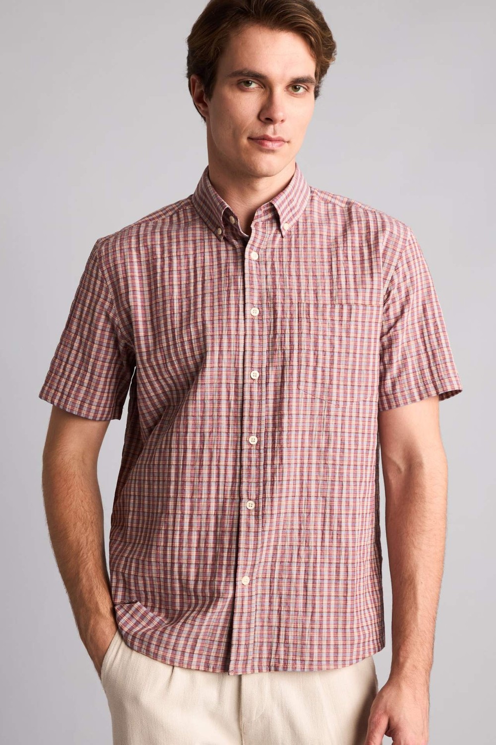 DeFacto Regular Fit Polo Yaka Kareli Krinkıl Kumaş Kısa Kollu Gömlek H5767AX26SM