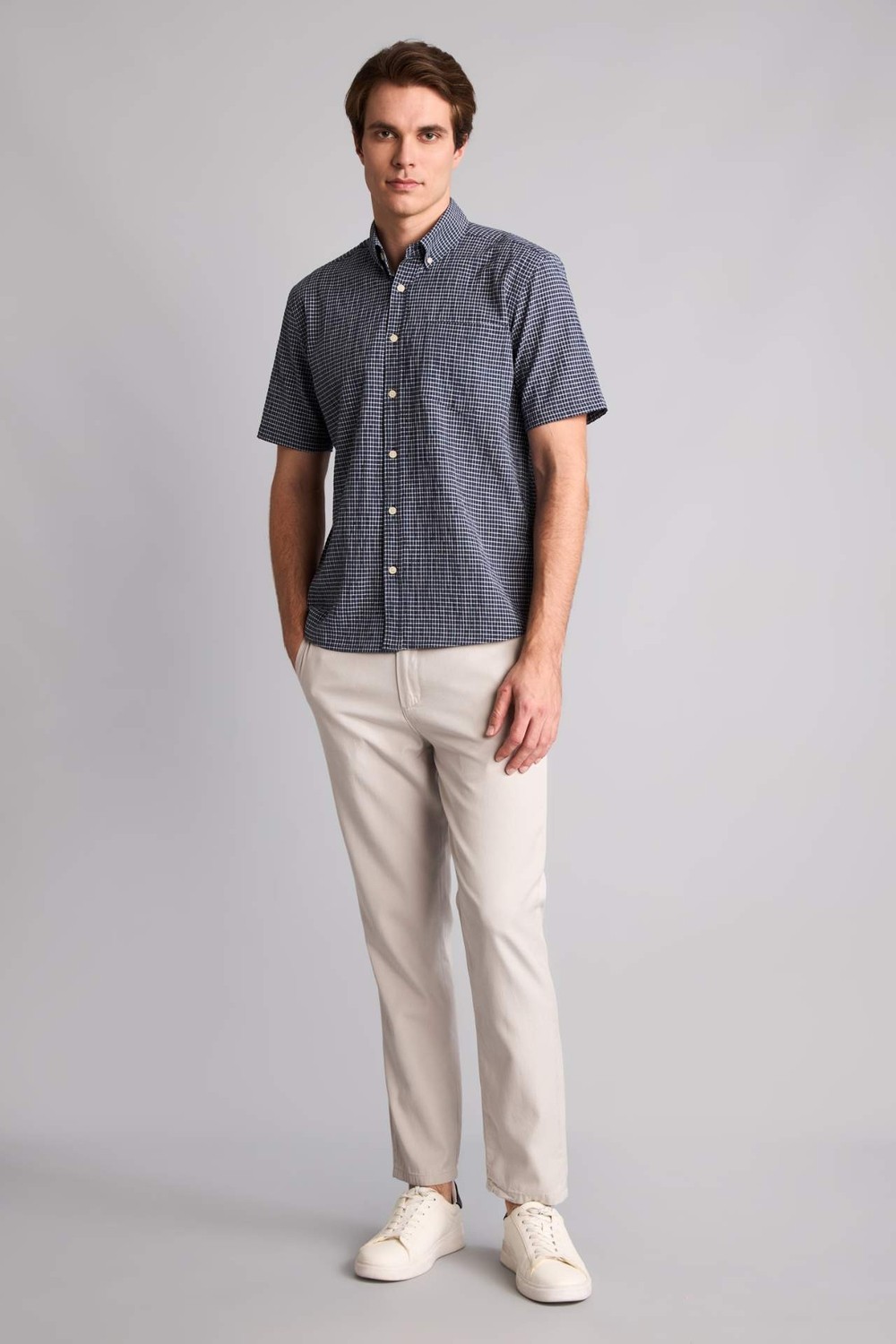 DeFacto Regular Fit Polo Yaka Kareli Krinkıl Kumaş Kısa Kollu Gömlek H5767AX26SM görsel 7
