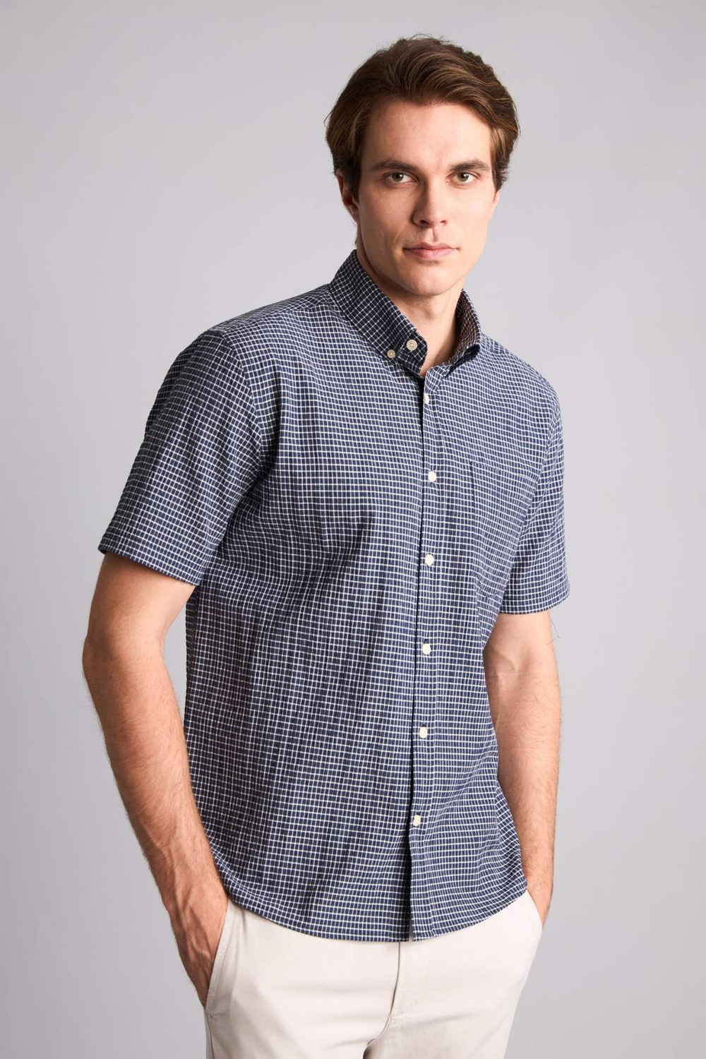 DeFacto Regular Fit Polo Yaka Kareli Krinkıl Kumaş Kısa Kollu Gömlek H5767AX26SM görsel 8