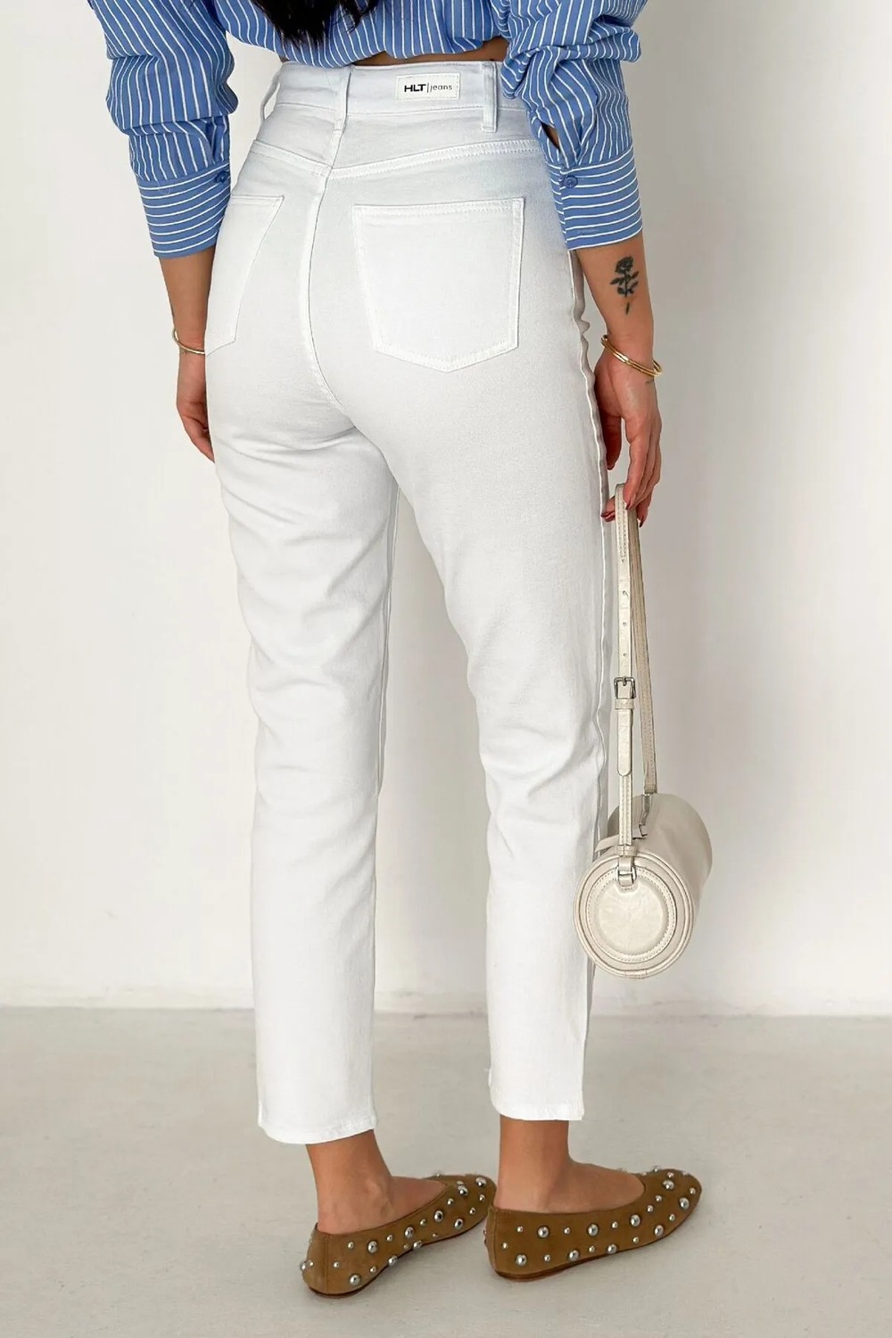 Hlt Jeans Beyaz Kadın Likralı Mom Jean Yüksek Bel Esnek Denim Pantolon ANNA-2073 Organik Kumaş görsel 6