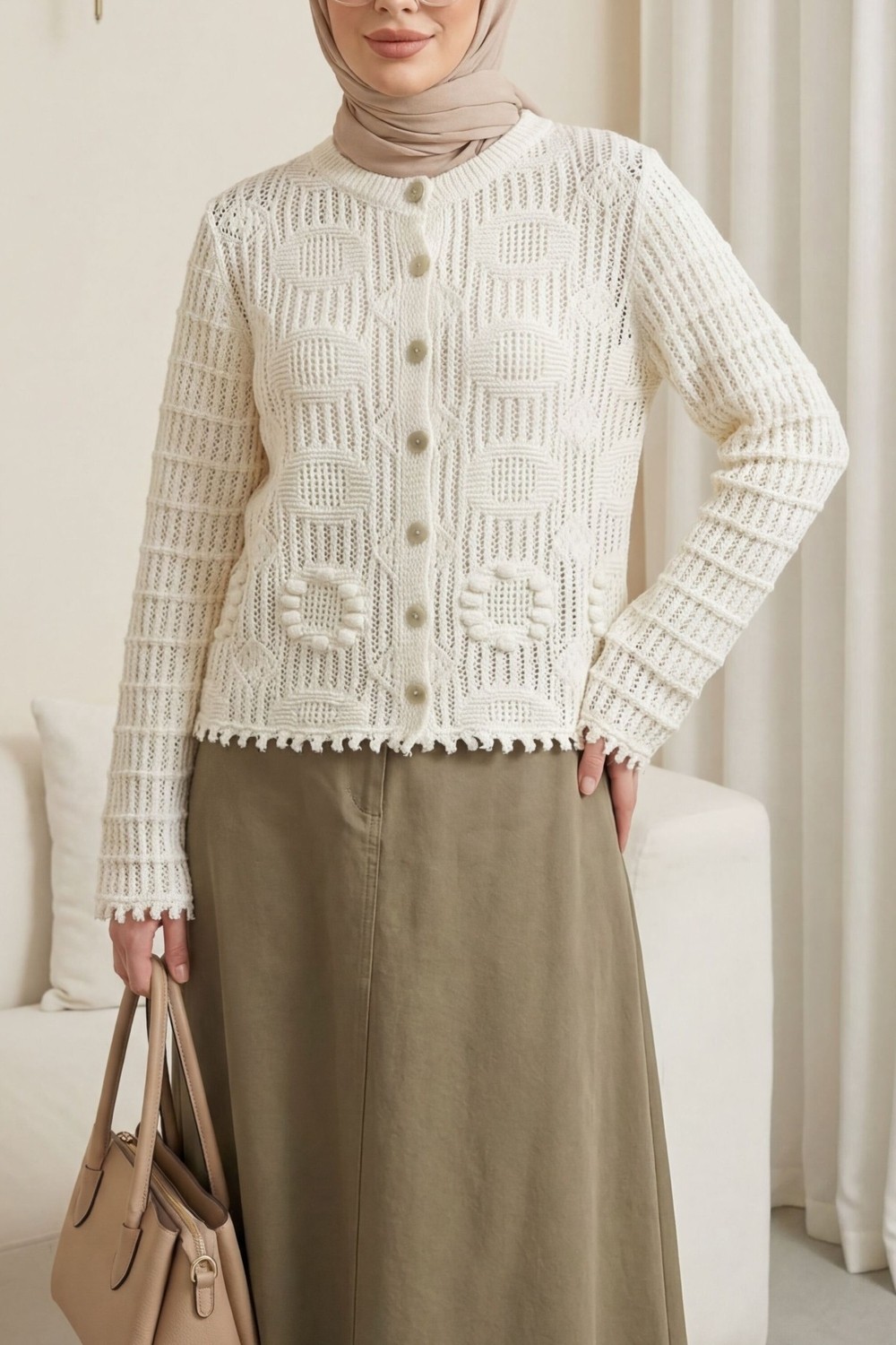 Moda Morfo Oval Desen Ajurlu Düğmeli Triko Hırka -Ekru görsel 5