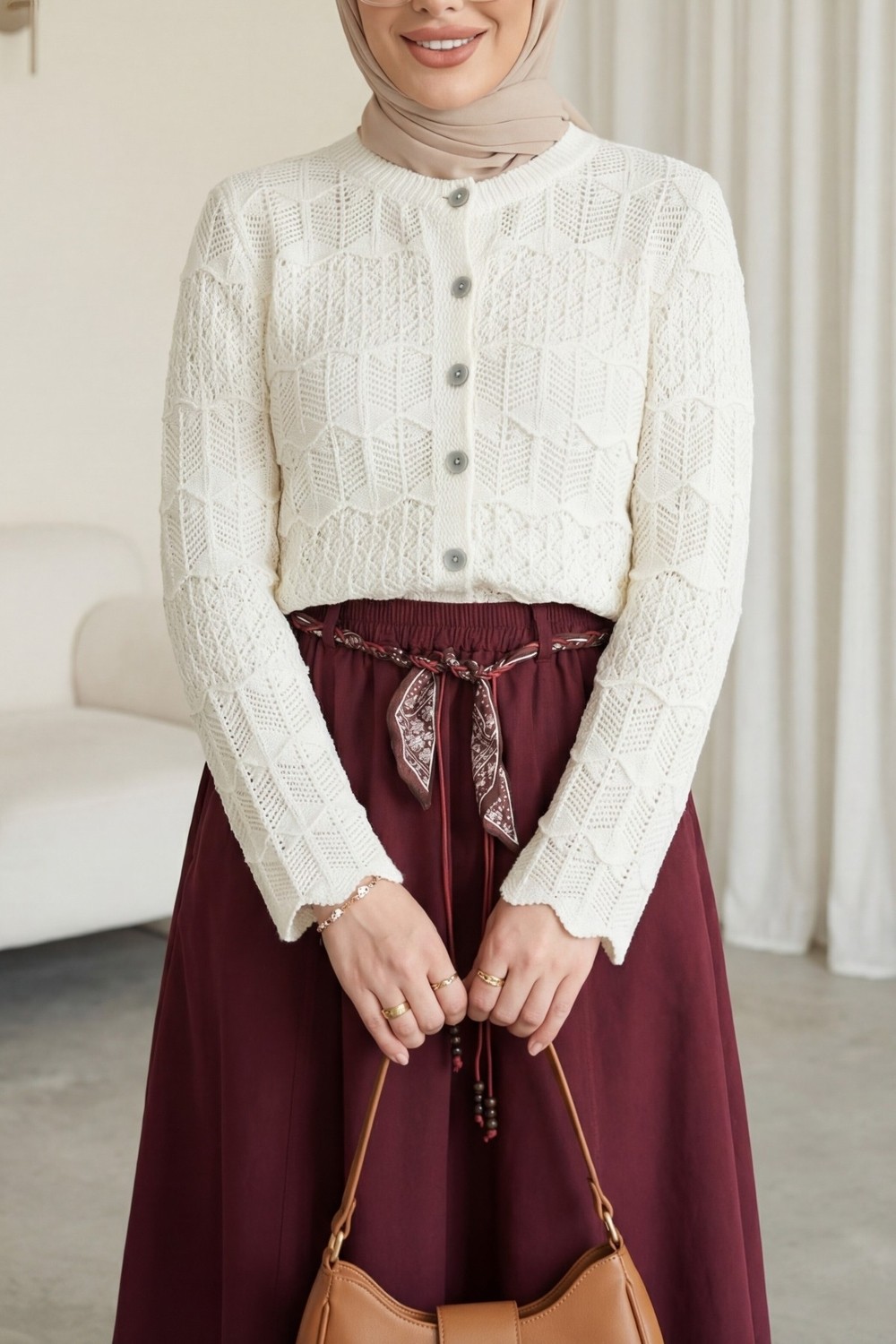 Moda Morfo Düğmeli Ajurlu Pamuk Triko Hırka -Ekru görsel 3