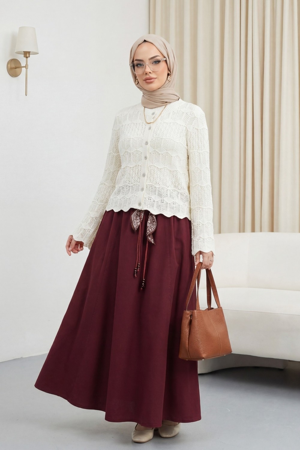 Moda Morfo Düğmeli Ajurlu Pamuk Triko Hırka -Ekru görsel 4