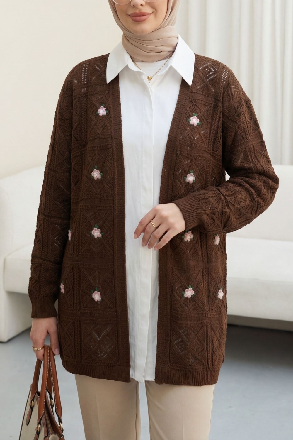 Moda Morfo Ajurlu Nakışlı Hırka -Taş