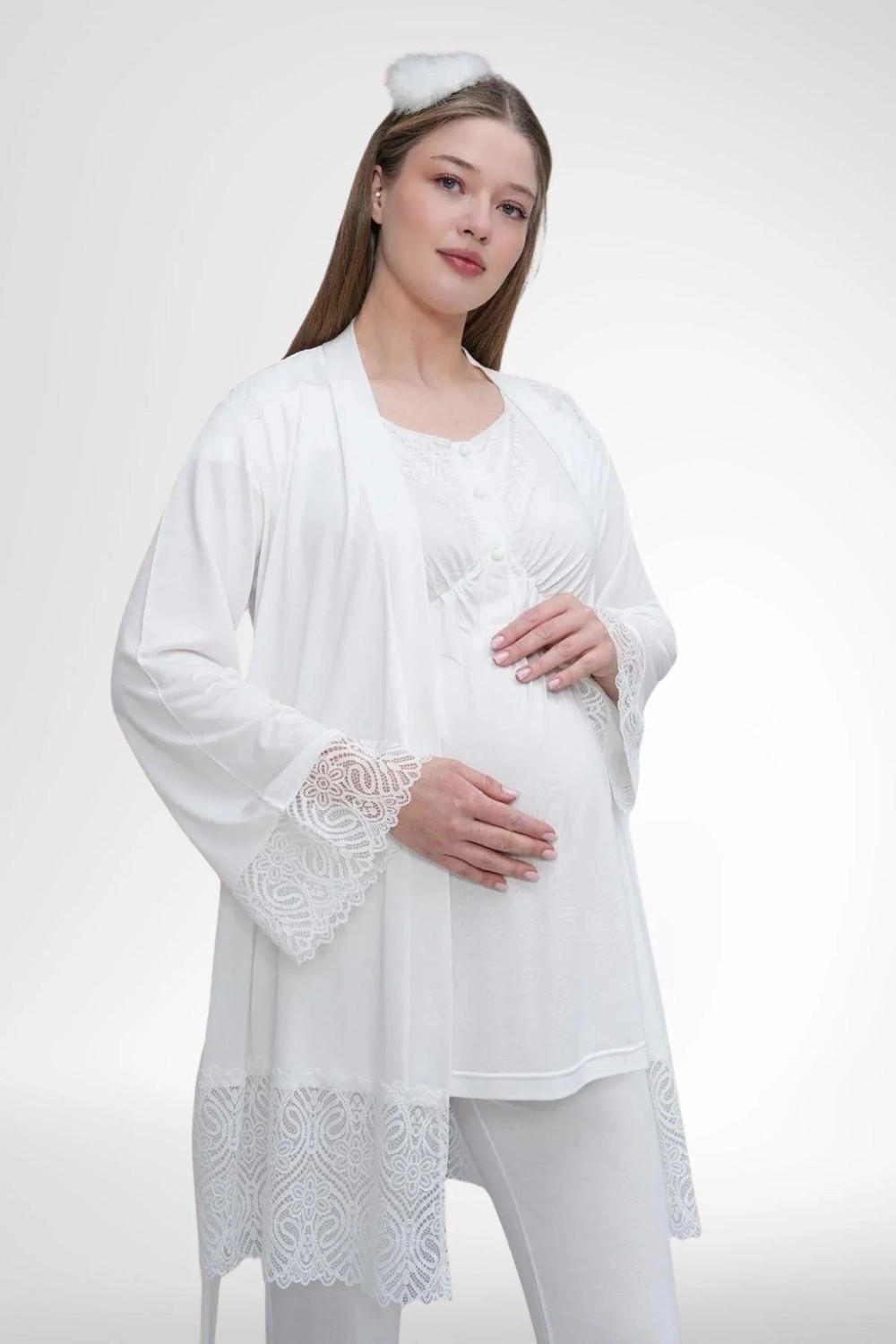Mecit Pijama Mecit 6203 Ekru Sabahlıklı Lohusa Pijama Takımı görsel 5