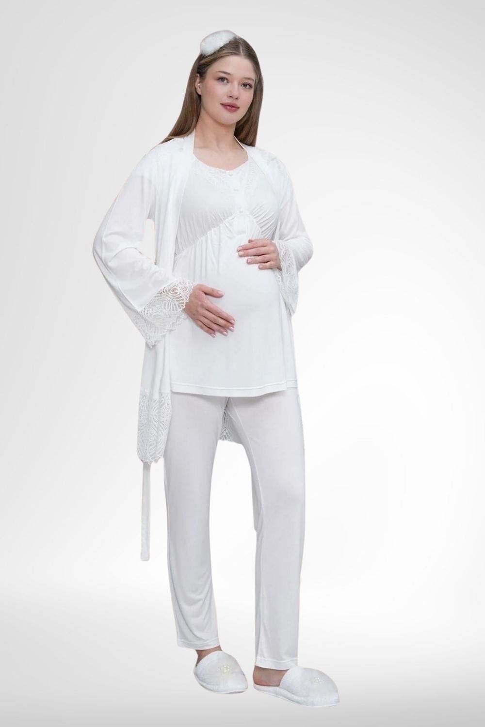 Mecit Pijama Mecit 6203 Ekru Sabahlıklı Lohusa Pijama Takımı görsel 6