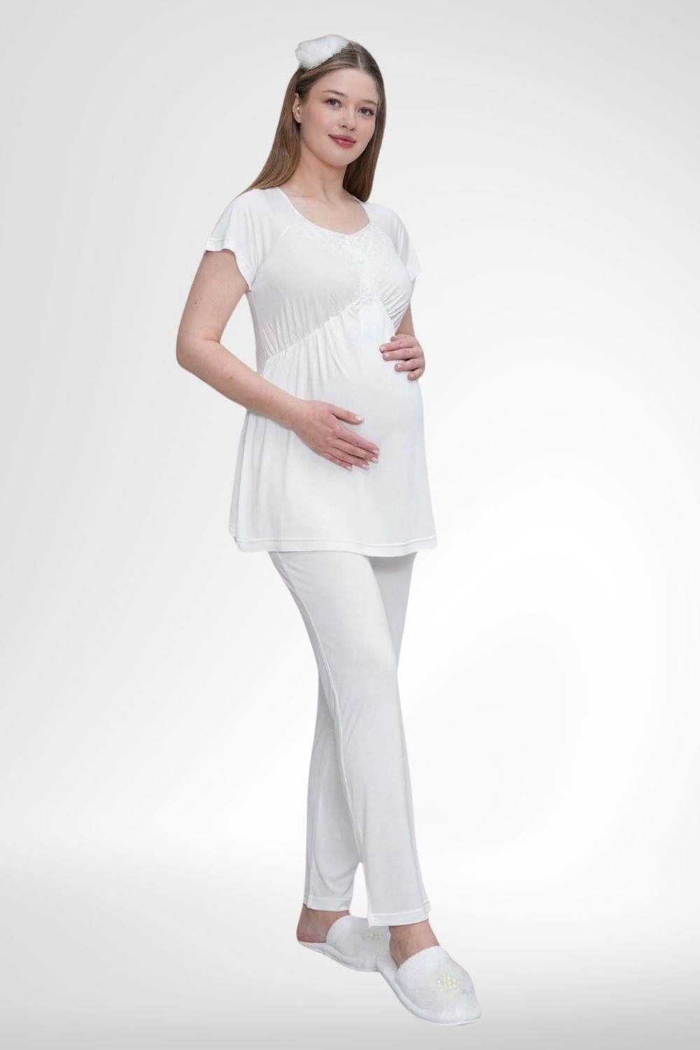 Mecit Pijama Mecit 6203 Ekru Sabahlıklı Lohusa Pijama Takımı görsel 8