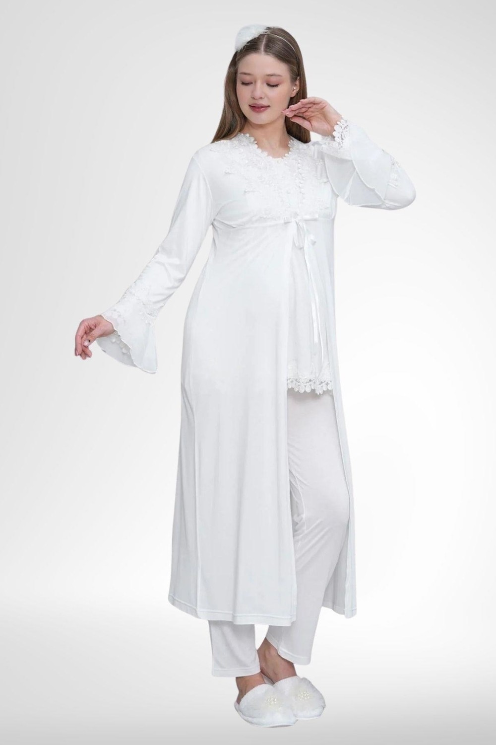 Mecit Pijama Mecit 1517 Ekru Sabahlıklı Lohusa Pijama Takımı görsel 6