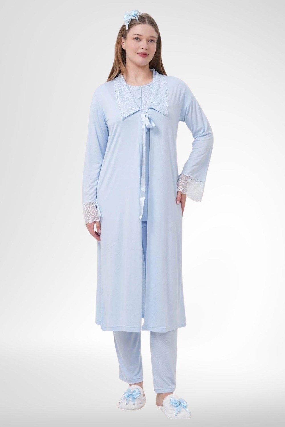Mecit Pijama Mecit 1541 Mavi Uzun Sabahlıklı Lohusa Pijama Takımı görsel 6
