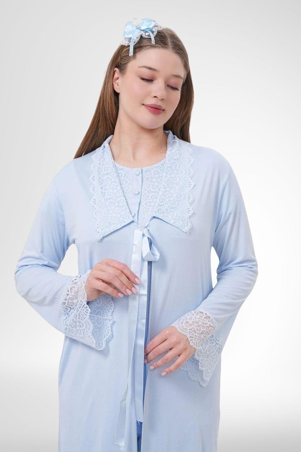 Mecit Pijama Mecit 1541 Mavi Uzun Sabahlıklı Lohusa Pijama Takımı görsel 7