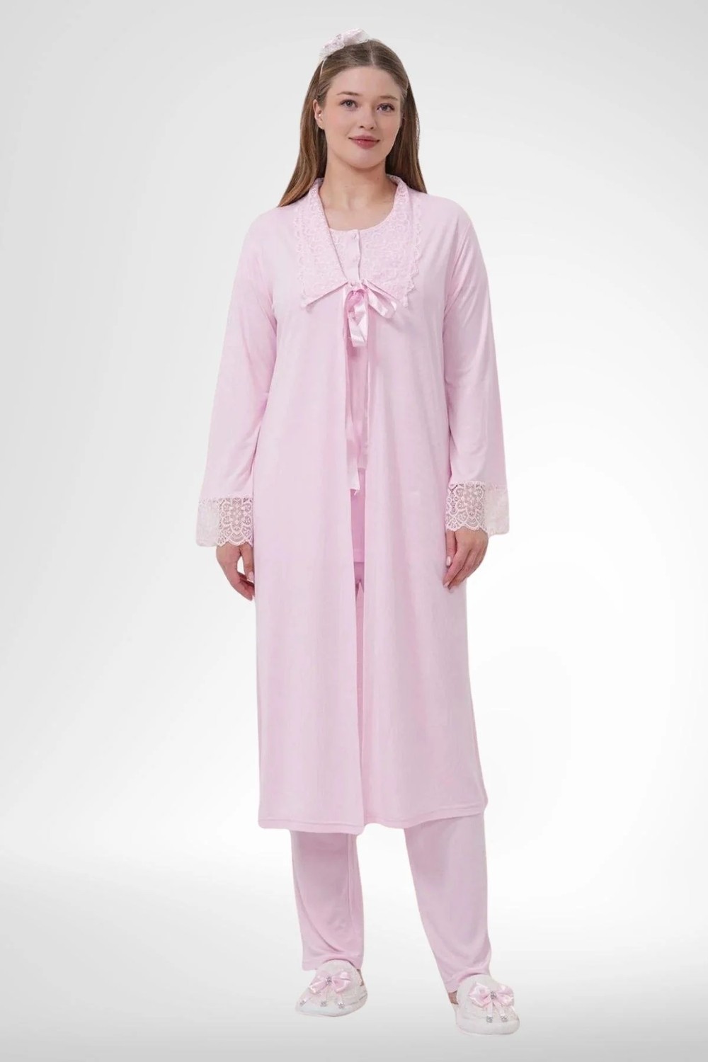 Mecit Pijama Mecit 1541 Pembe Uzun Sabahlıklı Lohusa Pijama Takımı görsel 6