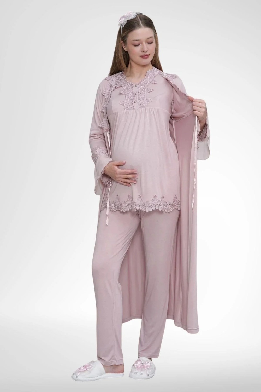 Mecit Pijama Mecit 1517 Gül Kurusu Sabahlıklı Lohusa Pijama Takımı görsel 3