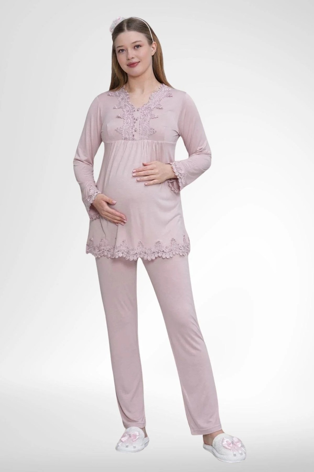 Mecit Pijama Mecit 1517 Gül Kurusu Sabahlıklı Lohusa Pijama Takımı görsel 4