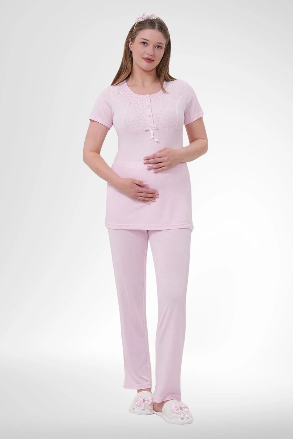 Mecit Pijama Mecit 1541 Pembe Uzun Sabahlıklı Lohusa Pijama Takımı görsel 8