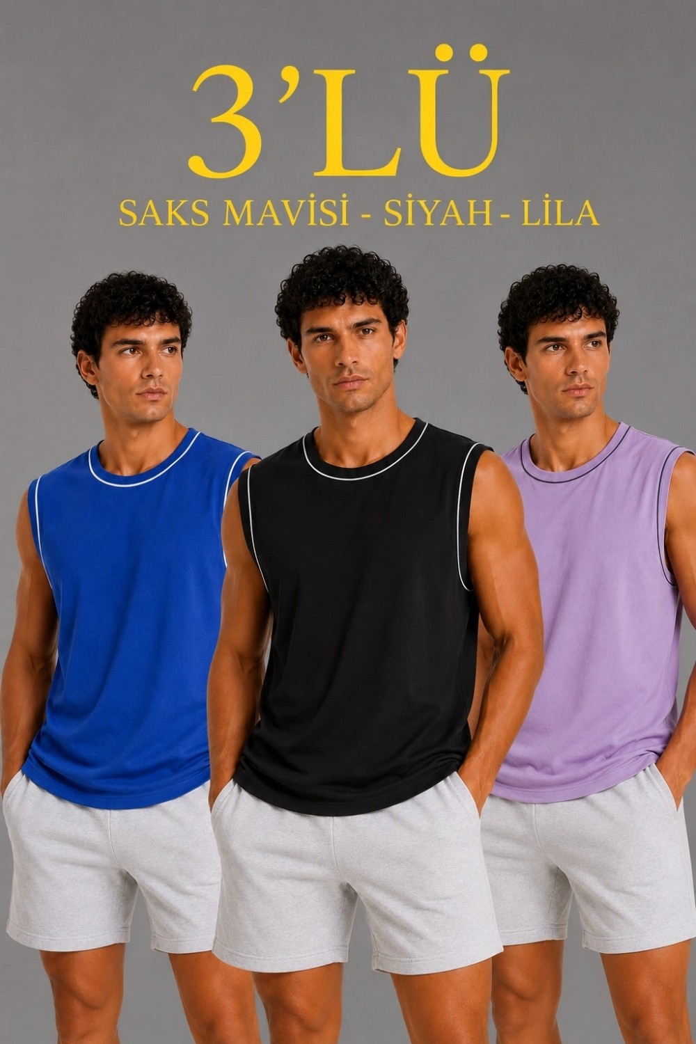 Marsilyan Erkek 3’lü Kolsuz Sporcu Atlet Seti Yazlık Bisiklet Yaka - Siyah, Lila, Saks Mavisi