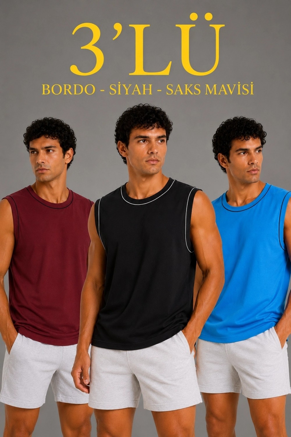Marsilyan Erkek 3’lü Kolsuz Sporcu Atlet Seti Yazlık Bisiklet Yaka - Siyah, Bordo, Turkuaz