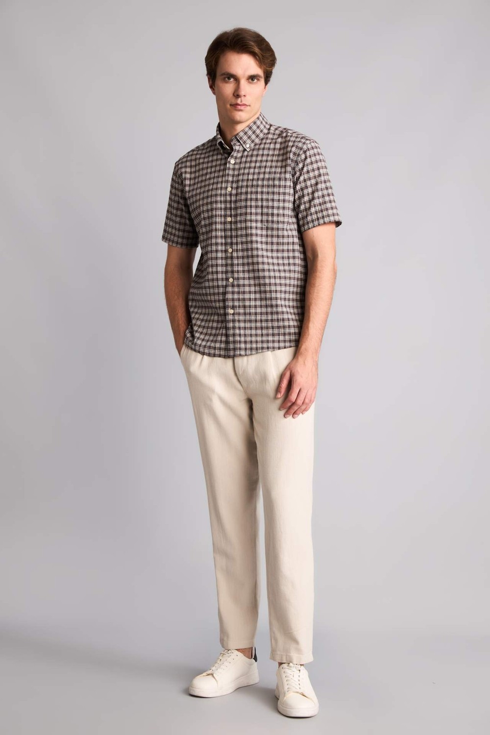 DeFacto Regular Fit Polo Yaka Kareli Krinkıl Kumaş Kısa Kollu Gömlek H5767AX26SM görsel 2