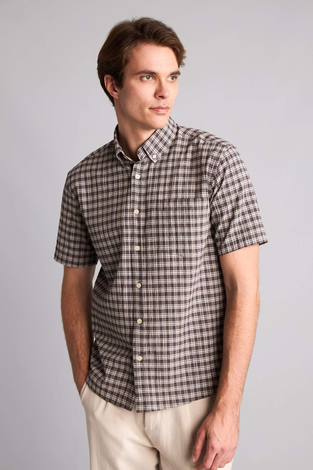 DeFacto Regular Fit Polo Yaka Kareli Krinkıl Kumaş Kısa Kollu Gömlek H5767AX26SM görsel 3