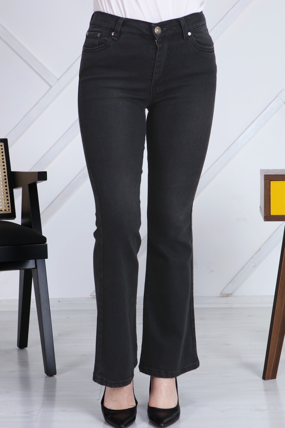 Gül Moda Antrasit Ispanyol Paça Likralı Yüksek Bel Kot Pantolon Jeans G00IPSI görsel 2