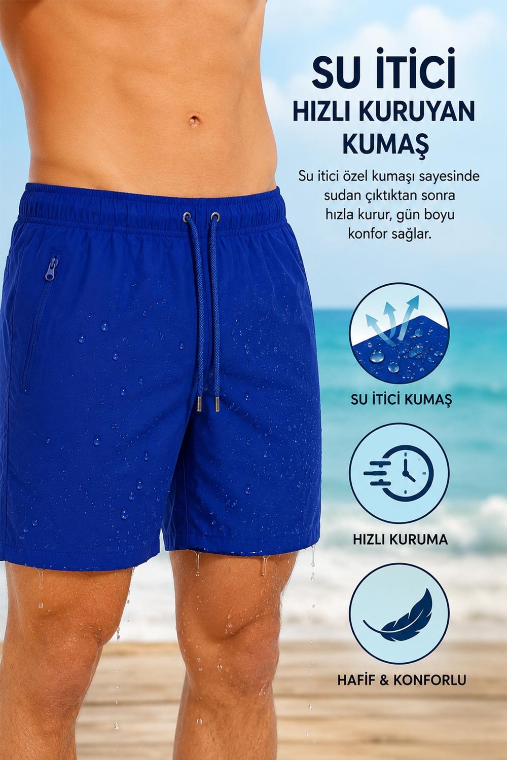 Miami Beach Indigo Uzun Düz Basic Model Su Itici Özellikli Esnek Kumaş Erkek Plaj Deniz Şort Mayo // 2205-İNDIGO görsel 2