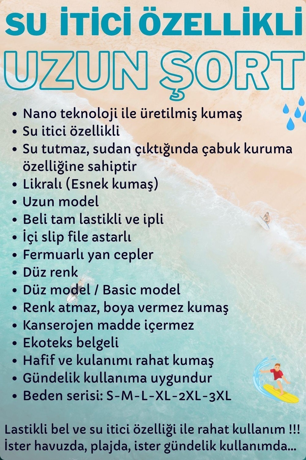 Miami Beach Indigo Uzun Düz Basic Model Su Itici Özellikli Esnek Kumaş Erkek Plaj Deniz Şort Mayo // 2205-İNDIGO görsel 6