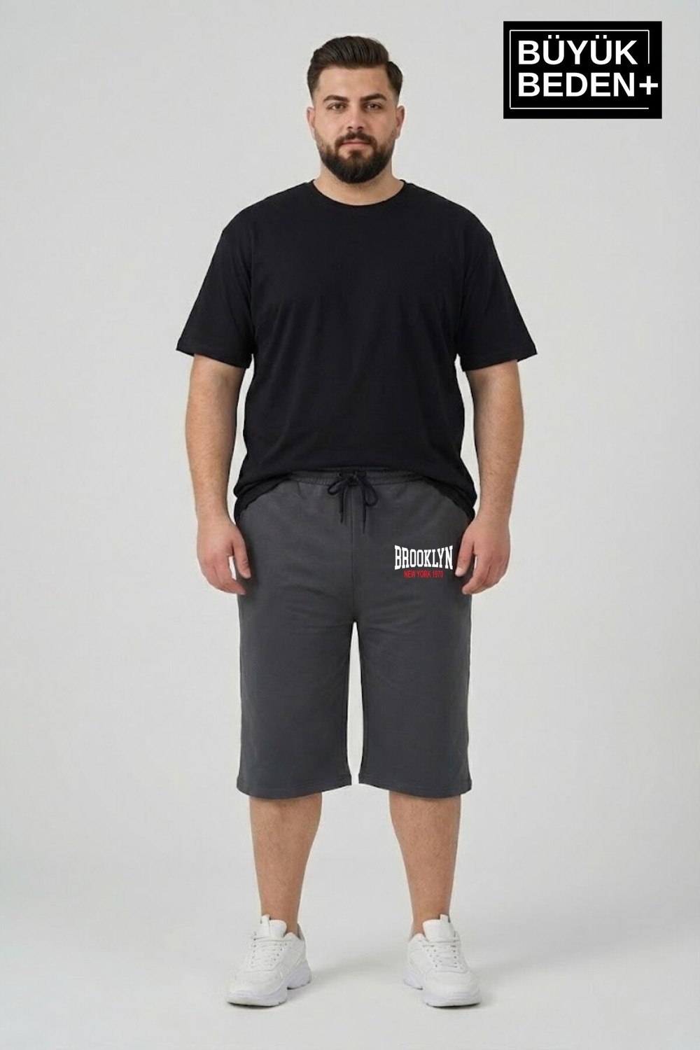 Superlife Büyük Beden Erkek 3xl-6xl Rahat Kalıp Cepli Brooklyn 1970 Baskılı Penye Kapri Şort SPR26BSR591-03