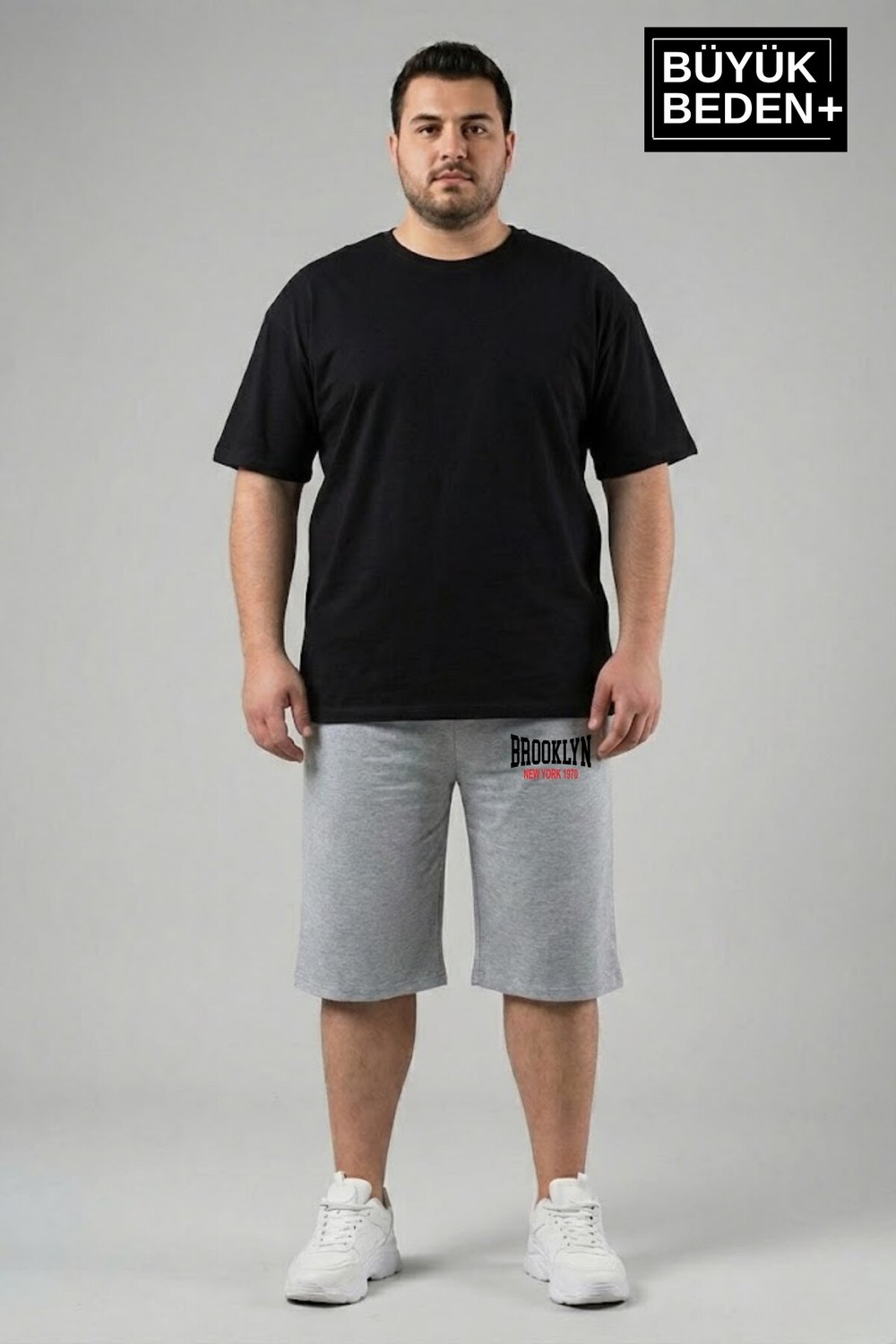 Superlife Büyük Beden Erkek 3xl-6xl Rahat Kalıp Cepli Brooklyn 1970 Baskılı Penye Kapri Şort SPR26BSR591-03