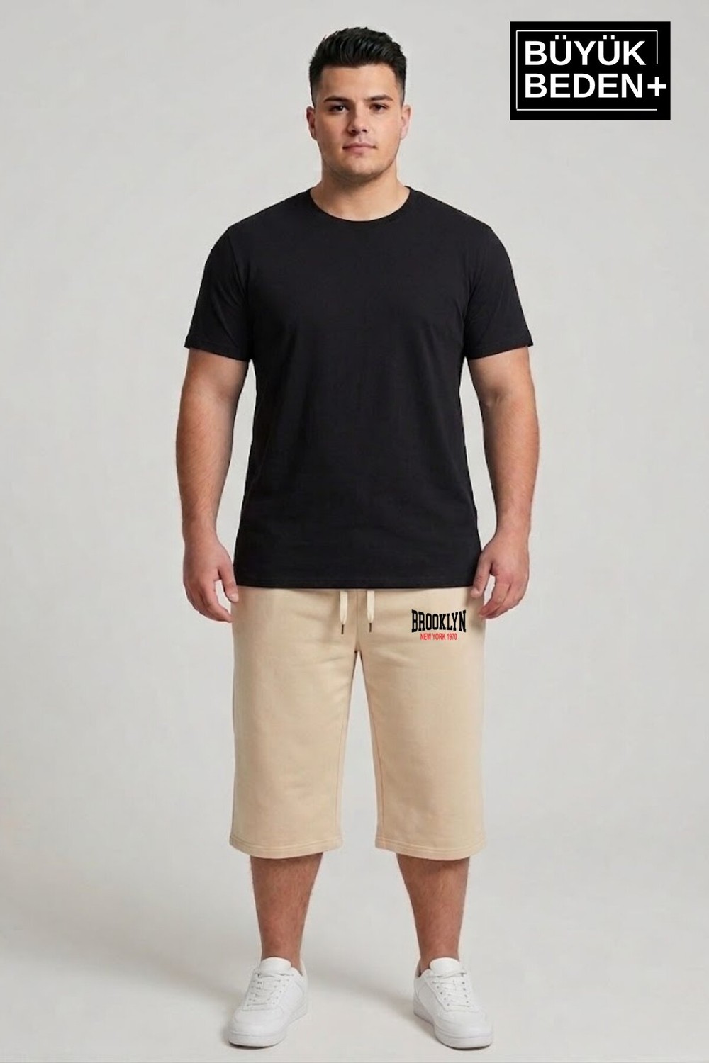 Superlife Büyük Beden Erkek 3xl-6xl Rahat Kalıp Cepli Brooklyn 1970 Baskılı Penye Kapri Şort SPR26BSR591-03
