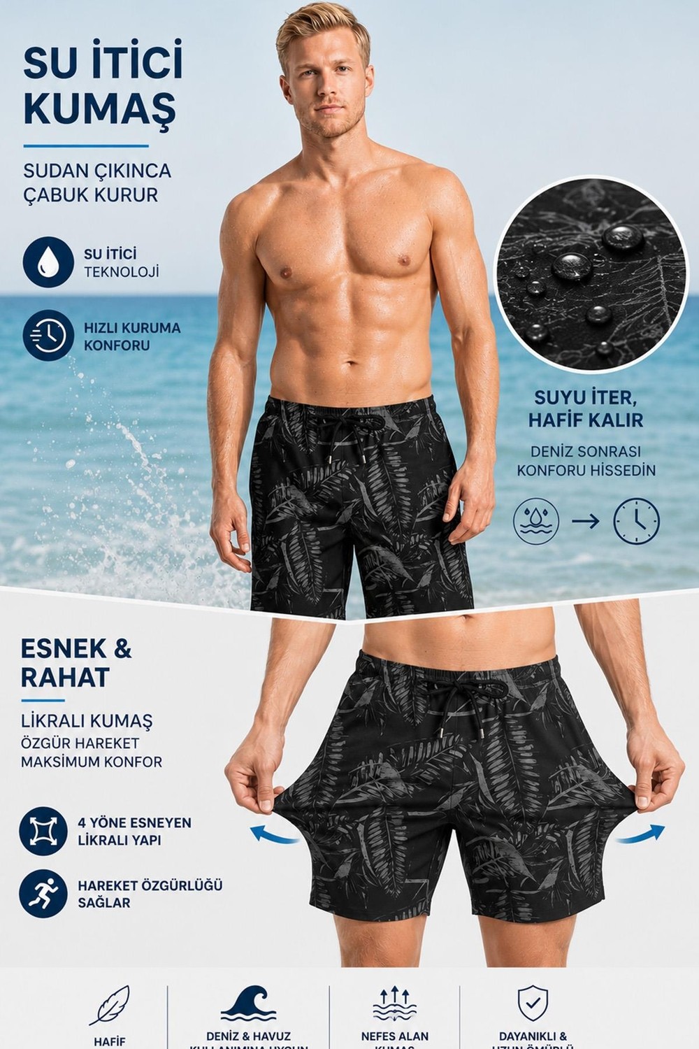 Miami Beach Uzun Boy Model Su Itici Özellikli Esnek Kumaş Dijital Baskılı Erkek Plaj Deniz Şort Mayo // 406