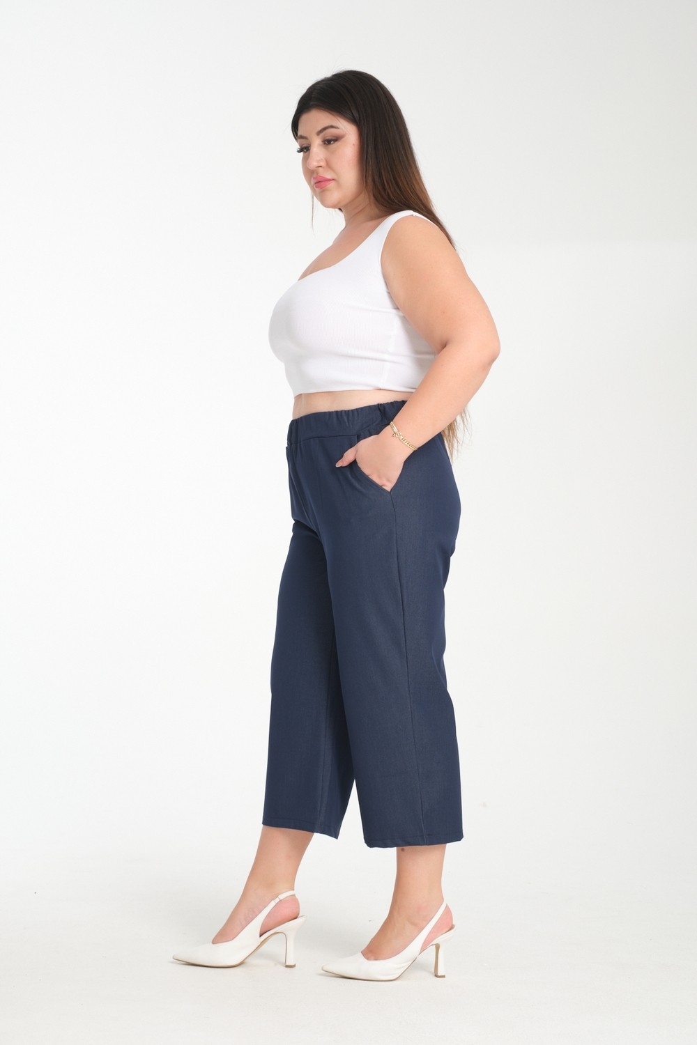Gül Moda Ipek Kot Kapri Büyük Beden Beli Lastikli Lacivert G117-1
