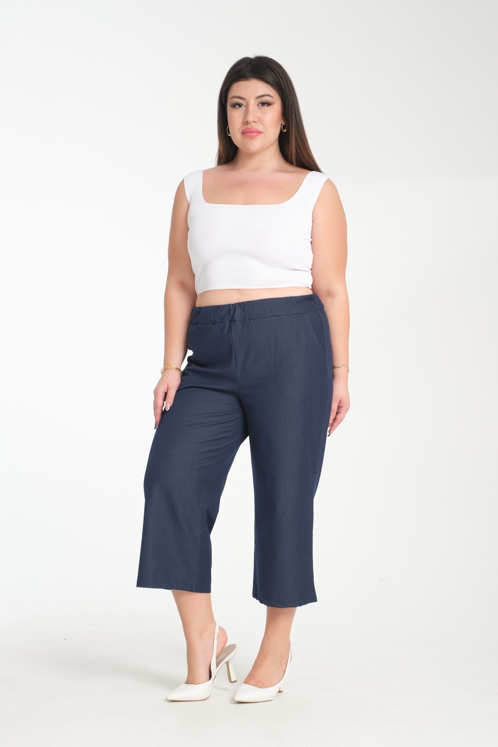 Gül Moda Ipek Kot Kapri Büyük Beden Beli Lastikli Lacivert G117-1 görsel 2