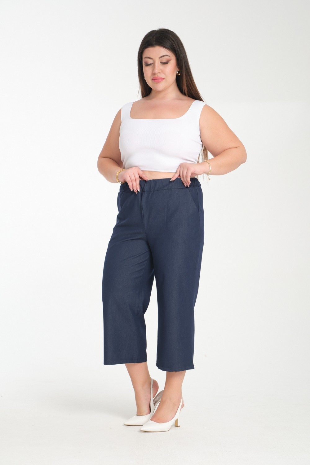 Gül Moda Ipek Kot Kapri Büyük Beden Beli Lastikli Lacivert G117-1 görsel 3
