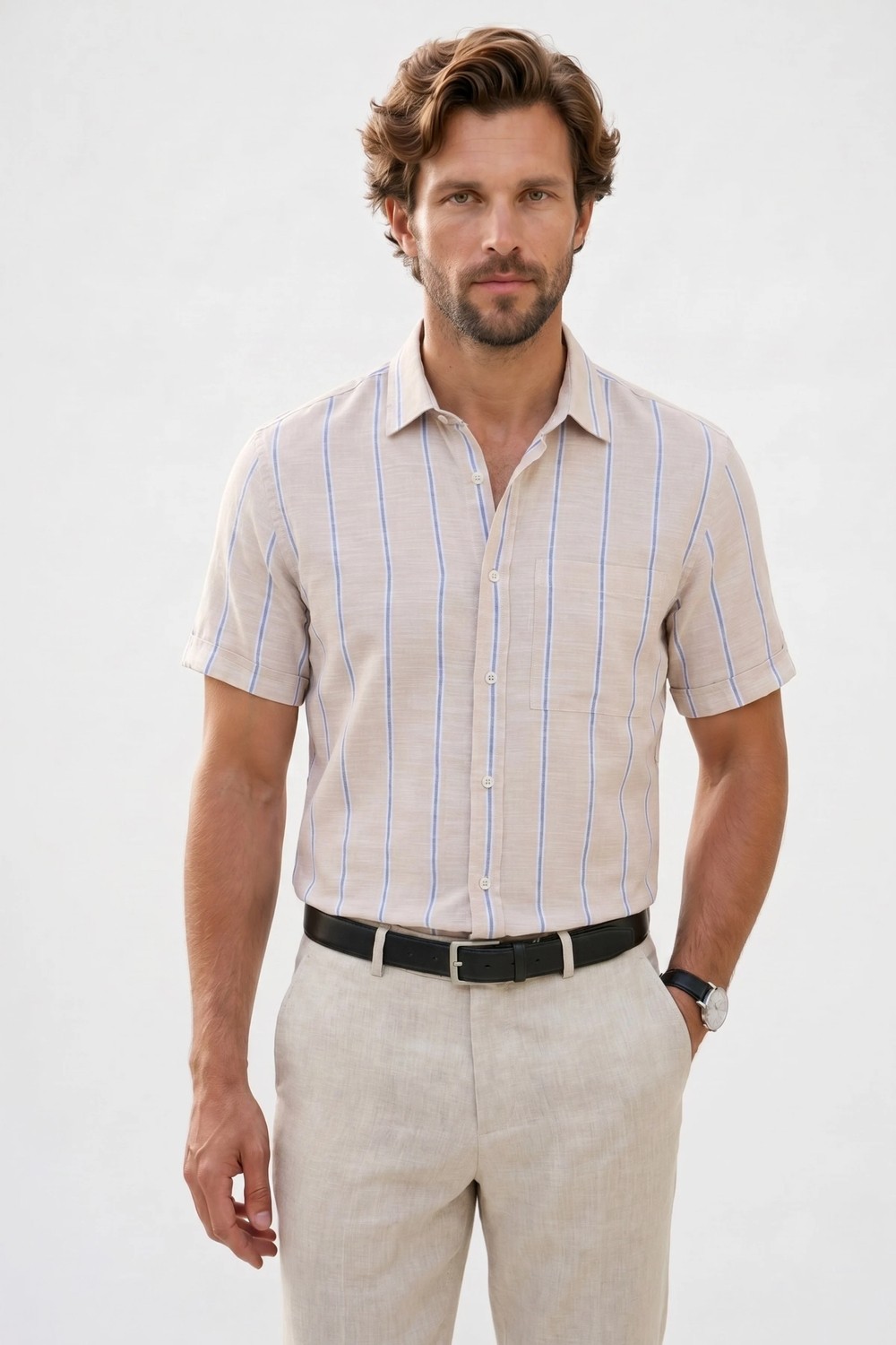 Tudors Erkek Regular Fit Klasik Kesim Oversize %100 Pamuk Keten Doku Tek Cepli Çizgili Kısa Kollu Bej Gömlek