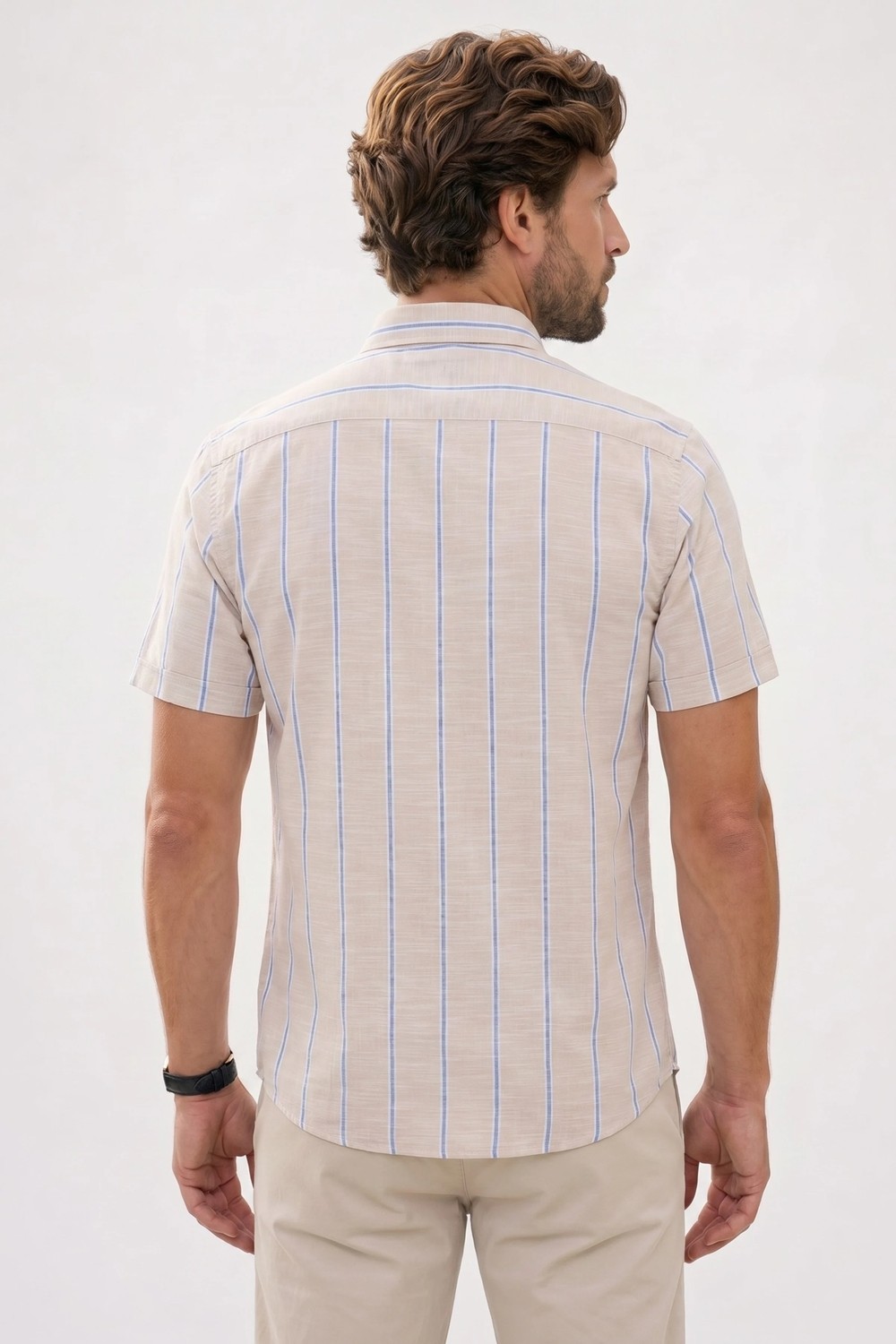 Tudors Erkek Regular Fit Klasik Kesim Oversize %100 Pamuk Keten Doku Tek Cepli Çizgili Kısa Kollu Bej Gömlek görsel 6