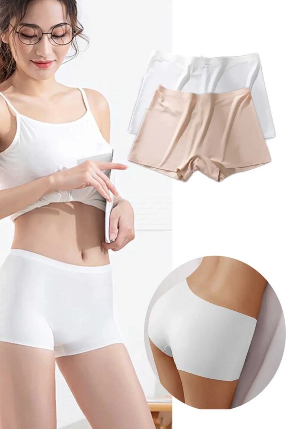 Hace Bazaar 2 Adet Kadın Dikişsiz Görünmez Iz Yapmaz Mini Şort Boxer Beyaz Ten