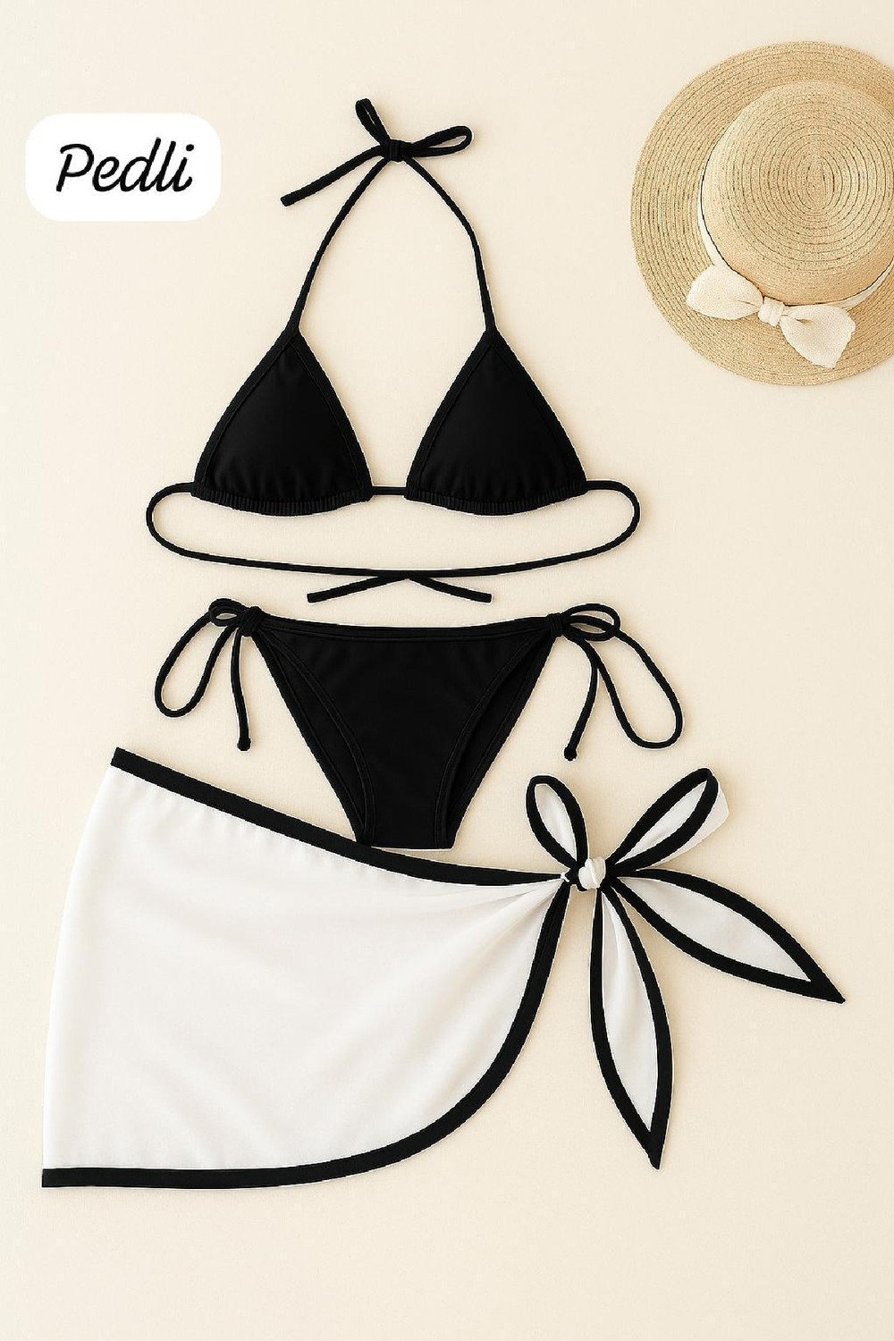 Bnchic Kadın Siyah Beyaz Pareolu Yandan ve Boyundan Bağlamalı 3'lü Bikini Takımı