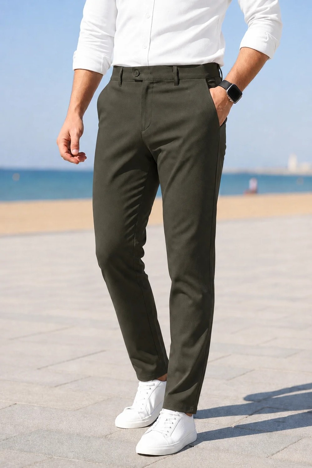 Modamesto Erkek Bej Slim Fit Likralı Yan Cep Bilek Boy Düz Kumaş Pantolon