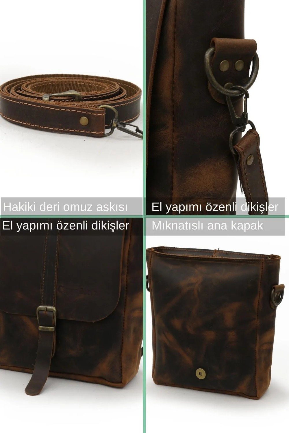 Cappadocia Vintage 6051 Kahverengi Deri El Yapımı Omuz Çantası Minimal Tasarım ve Organik Malzeme görsel 8