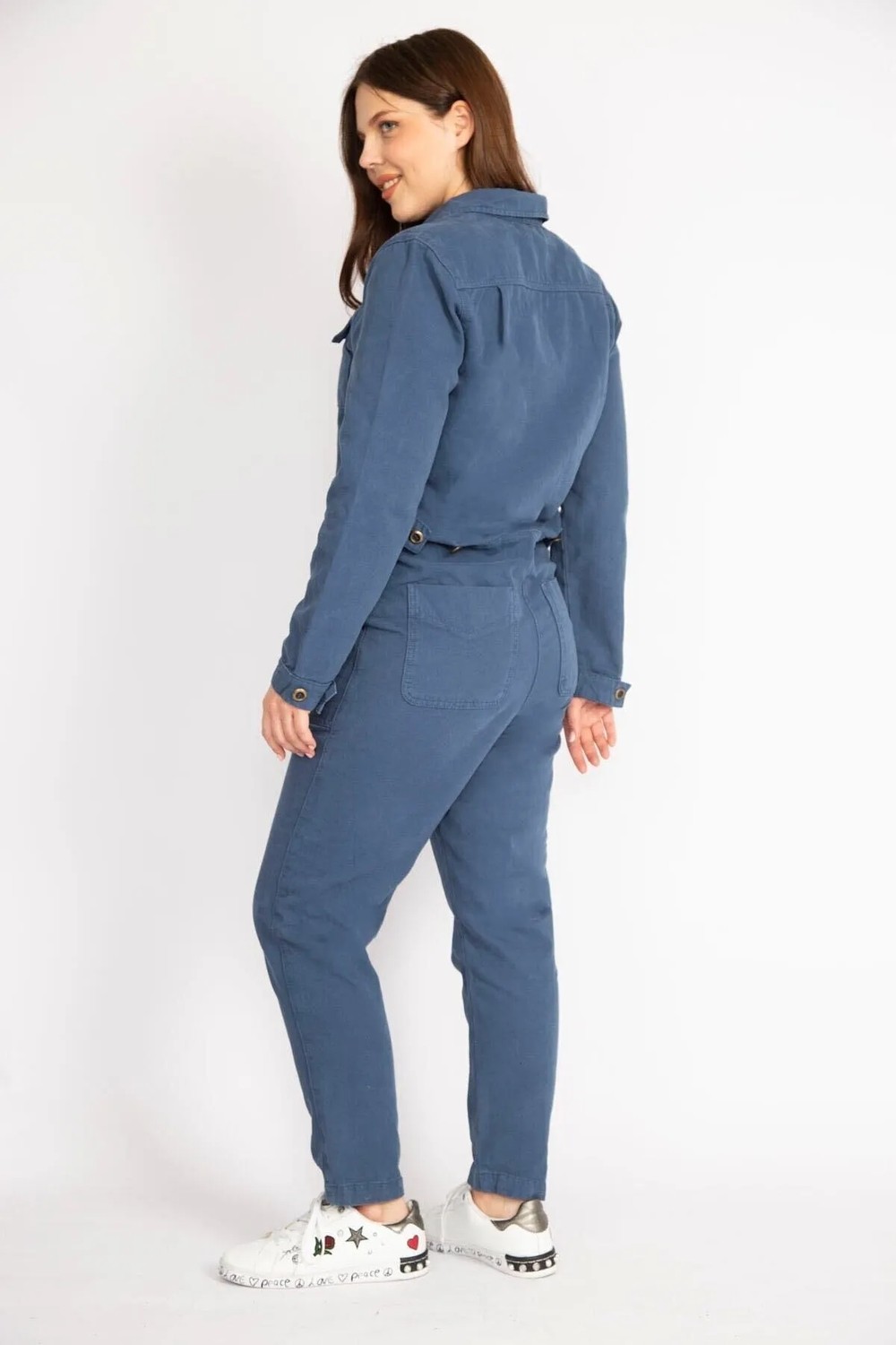 Şans Kadın İndigo Büyük Beden Ön Düğmeli Gabardin Tulum görsel 8