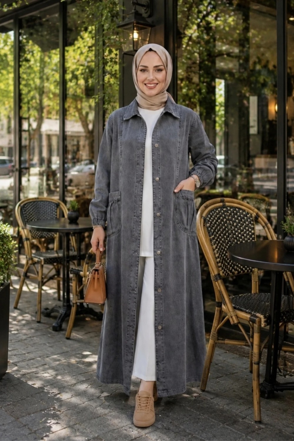 Harma Time Butik Kadın Düğmeli Cepli Gri Denim Kot Kap görsel 3